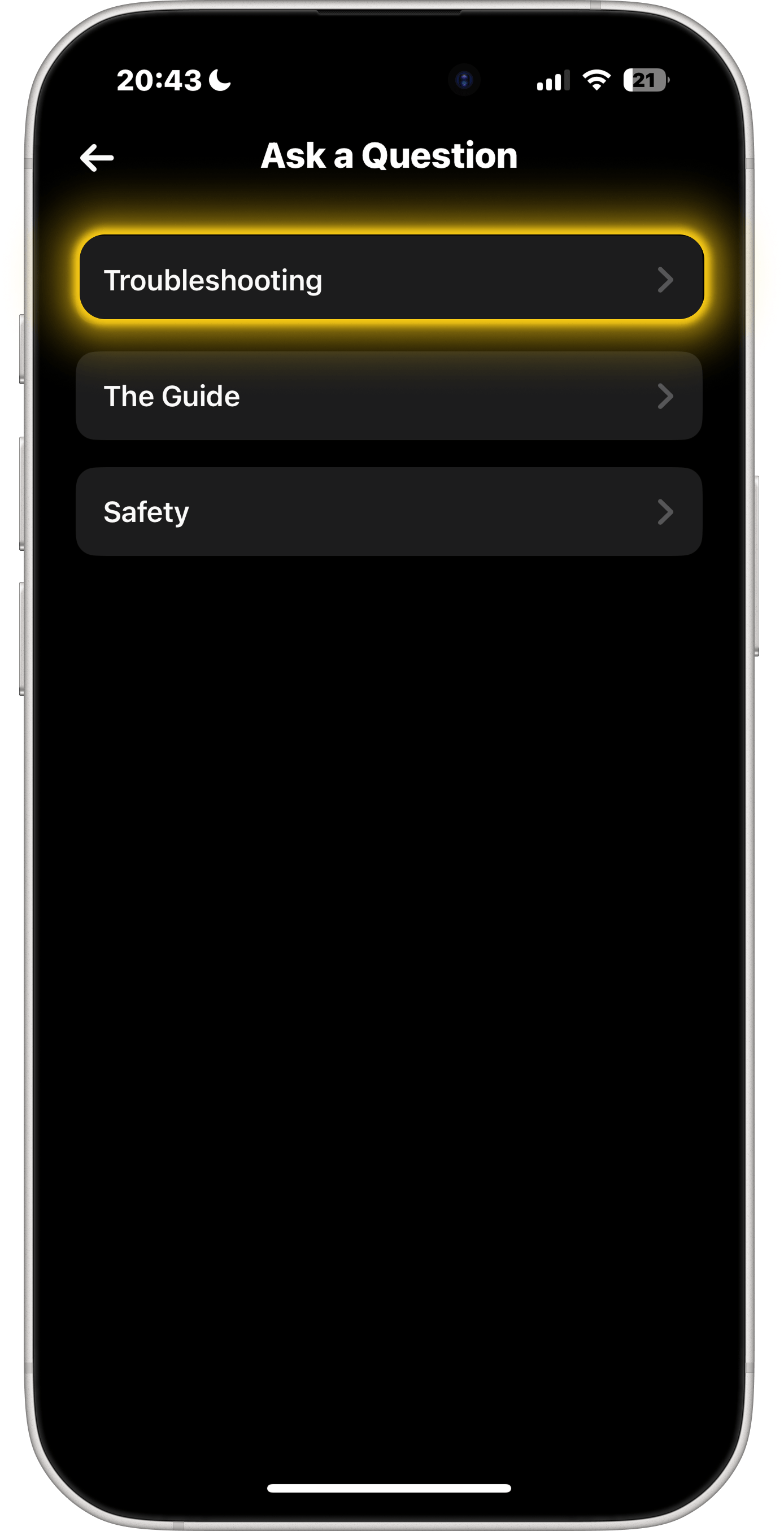 BeReal Ställ en fråga-skärm — tryck på Felsökning